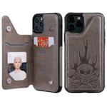 For iPhone 11 Pro Max Skull Head Embossing Pattern Shockproof Protective Case with Holder & Card Slots & Wallet(Grey)