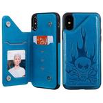 For iPhone X / XS Skull Head Embossing Pattern Shockproof Protective Case with Holder & Card Slots & Wallet(Blue)