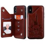For iPhone X / XS Skull Head Embossing Pattern Shockproof Protective Case with Holder & Card Slots & Wallet(Brown)