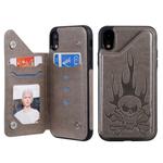 For iPhone XR Skull Head Embossing Pattern Shockproof Protective Case with Holder & Card Slots & Wallet(Grey)