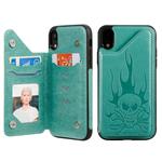 For iPhone XR Skull Head Embossing Pattern Shockproof Protective Case with Holder & Card Slots & Wallet(Green)