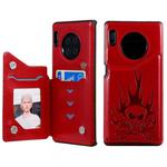 For Huawei Mate 30 Pro Skull Head Embossing Pattern Shockproof Protective Case with Holder & Card Slots & Wallet(Red)