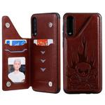 For Galaxy A50 Skull Head Embossing Pattern Shockproof Protective Case with Holder & Card Slots & Wallet(Brown)