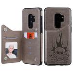 For Galaxy S9+ Skull Head Embossing Pattern Shockproof Protective Case with Holder & Card Slots & Wallet(Grey)