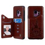 For Galaxy S9 Skull Head Embossing Pattern Shockproof Protective Case with Holder & Card Slots & Wallet(Brown)