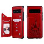 For Galaxy S10 5G Skull Head Embossing Pattern Shockproof Protective Case with Holder & Card Slots & Wallet(Red)