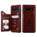 For Galaxy S10+ Skull Head Embossing Pattern Shockproof Protective Case with Holder & Card Slots & Wallet(Brown)