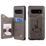 For Galaxy S10 Skull Head Embossing Pattern Shockproof Protective Case with Holder & Card Slots & Wallet(Grey)