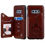 For Galaxy S10e Skull Head Embossing Pattern Shockproof Protective Case with Holder & Card Slots & Wallet(Brown)