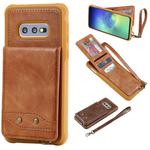 For Galaxy S10e Vertical Flip Shockproof Leather Protective Case with Short Rope, Support Card Slots & Bracket & Photo Holder & Wallet Function(Brown)