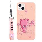 For iPhone 14 Silicone Painted Phone Case with Lanyard(Flower Bear)