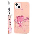 For iPhone 14 Plus Silicone Painted Phone Case with Lanyard(Flower Bear)