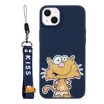 For iPhone 14 Plus Silicone Painted Phone Case with Lanyard(Big Face Cat)