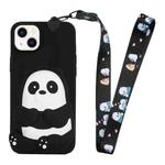 For iPhone 14 Silicone Wallet Phone Case with Lanyard(Black Striped Bear)