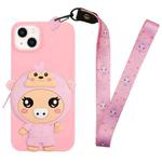 For iPhone 14 Silicone Wallet Phone Case with Lanyard(Deep Pink Pig)