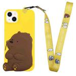 For iPhone 14 Silicone Wallet Phone Case with Lanyard(Yellow Bear)