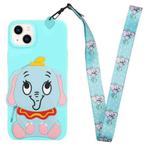 For iPhone 14 Plus Silicone Wallet Phone Case with Lanyard(Light Blue Elephants)