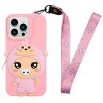 For iPhone 14 Pro Silicone Wallet Phone Case with Lanyard(Deep Pink Pig)