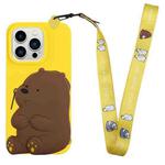 For iPhone 14 Pro Silicone Wallet Phone Case with Lanyard(Yellow Bear)