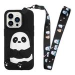 For iPhone 14 Pro Max Silicone Wallet Phone Case with Lanyard(Black Striped Bear)