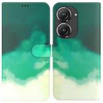 For Asus Zenfone 9 Watercolor Pattern Flip Leather Phone Case(Cyan Green)