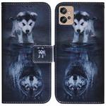 For Motorola Moto G32 Coloured Drawing Leather Phone Case(Wolf and Dog)