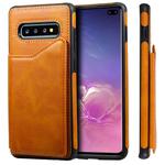 For Galaxy S10+ Shockproof Calf Texture Protective Case with Holder & Card Slots & Frame(Brown)