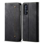 For OPPO Reno 3 Pro Denim Texture Casual Style Horizontal Flip Leather Case with Holder & Card Slots & Wallet(Black)