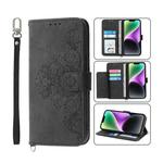 For iPhone 14 Skin-feel Flowers Embossed Wallet Leather Phone Case(Black)