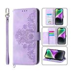 For iPhone 14 Skin-feel Flowers Embossed Wallet Leather Phone Case(Purple)