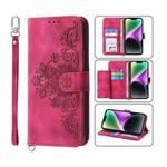 For iPhone 14 Plus Skin-feel Flowers Embossed Wallet Leather Phone Case(Wine Red)