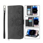 For iPhone 14 Pro Skin-feel Flowers Embossed Wallet Leather Phone Case(Black)