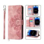 For iPhone 14 Pro Skin-feel Flowers Embossed Wallet Leather Phone Case(Pink)