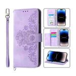 For iPhone 14 Pro Skin-feel Flowers Embossed Wallet Leather Phone Case(Purple)