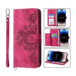 For iPhone 14 Pro Skin-feel Flowers Embossed Wallet Leather Phone Case(Wine Red)