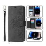For iPhone 14 Pro Max Skin-feel Flowers Embossed Wallet Leather Phone Case(Black)