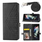 For Samsung Galaxy Z Fold4 Cubic Grid Calf Texture Leather Phone Case with Neck Lanyard(Black)