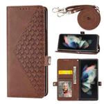 For Samsung Galaxy Z Fold4 Cubic Grid Calf Texture Leather Phone Case with Neck Lanyard(Brown)