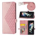 For Samsung Galaxy Z Fold3 5G Cubic Grid Calf Texture Leather Phone Case with Neck Lanyard(Rose Gold)