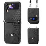 For Samsung Galaxy Z Flip4 Cubic Grid Calf Texture Leather Phone Case with Neck Lanyard(Black)