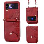 For Samsung Galaxy Z Flip4 Cubic Grid Calf Texture Leather Phone Case with Neck Lanyard(Red)