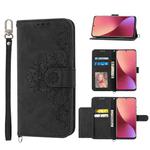 For Xiaomi 12 / 12X Skin-feel Flowers Embossed Wallet Leather Phone Case(Black)