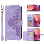 For Xiaomi 12 / 12X Skin-feel Flowers Embossed Wallet Leather Phone Case(Purple)