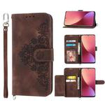 For Xiaomi 12 Pro Skin-feel Flowers Embossed Wallet Leather Phone Case(Brown)