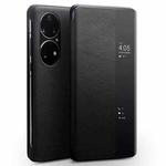 For Huawei P50 QIALINO Genuine Leather Side Window View Smart Phone Case(Black)