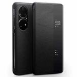 For Huawei P50 Pro QIALINO Genuine Leather Side Window View Smart Phone Case(Black)