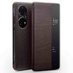For Huawei P50 Pro QIALINO Genuine Leather Side Window View Smart Phone Case(Brown)