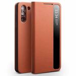 For Samsung Galaxy S21 5G QIALINO Genuine Leather Side Window View Smart Phone Case(Brown)