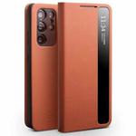 For Samsung Galaxy S21 Ultra 5G QIALINO Genuine Leather Side Window View Smart Phone Case(Brown)