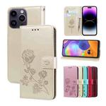 For iPhone 14 Pro Max Rose Embossed Flip PU Leather Phone Case(Gold)